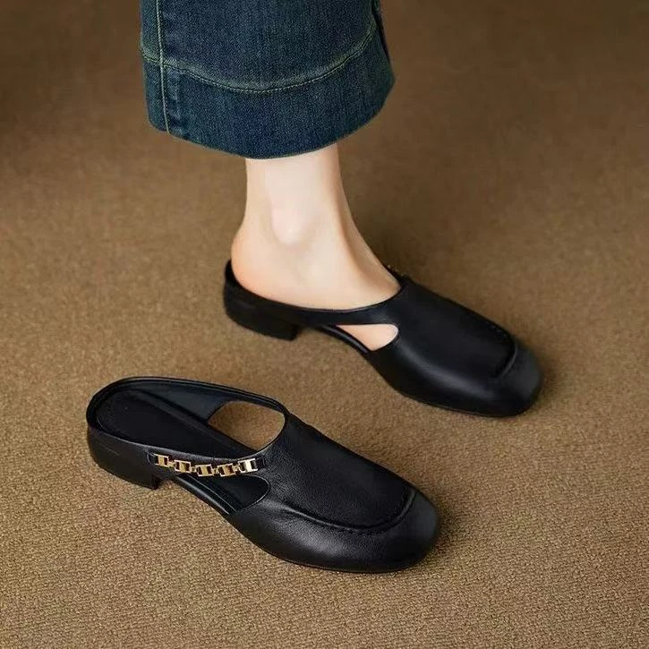 【di】复古包头网红夏季方头拖鞋女外穿一脚蹬法式平底罗马沙滩拖