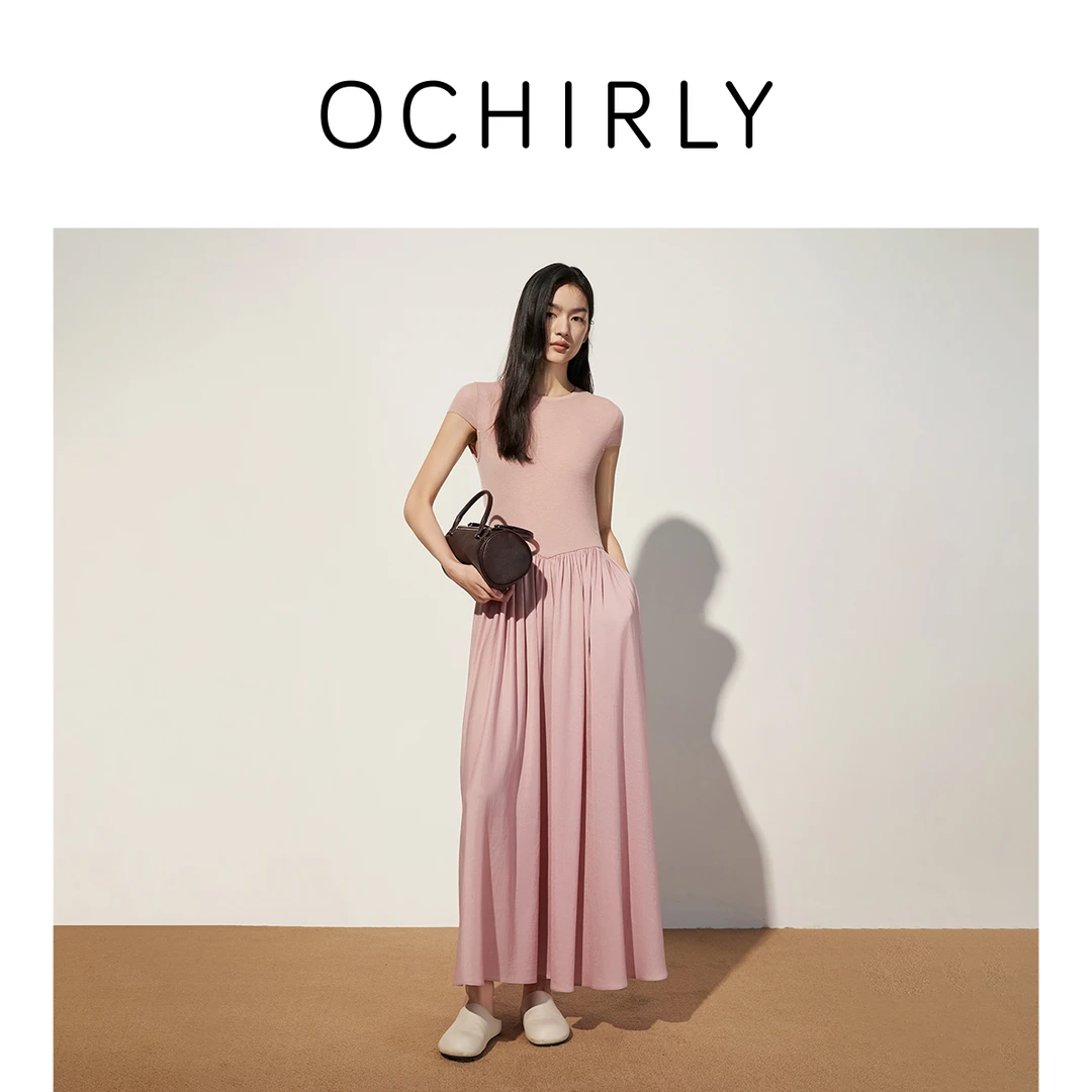 OCHIRLY欧时力 假两件拼接短袖连衣裙长裙大摆伞裙2025秋季新品