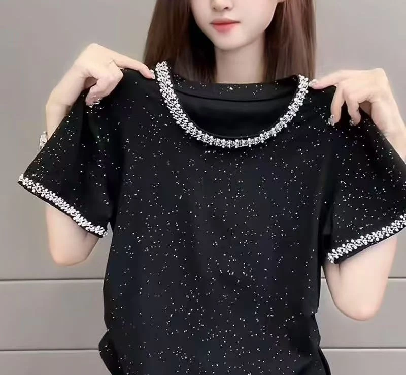 【卢大婷专属】欧货2025新款时尚满天星短袖T恤女显瘦高级感25828#