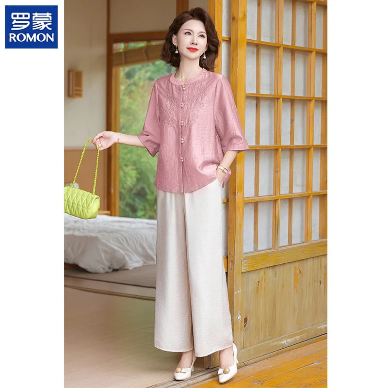 罗蒙妈妈装夏季高档两件套2025新款中年时尚小衫中老年女轻薄套装