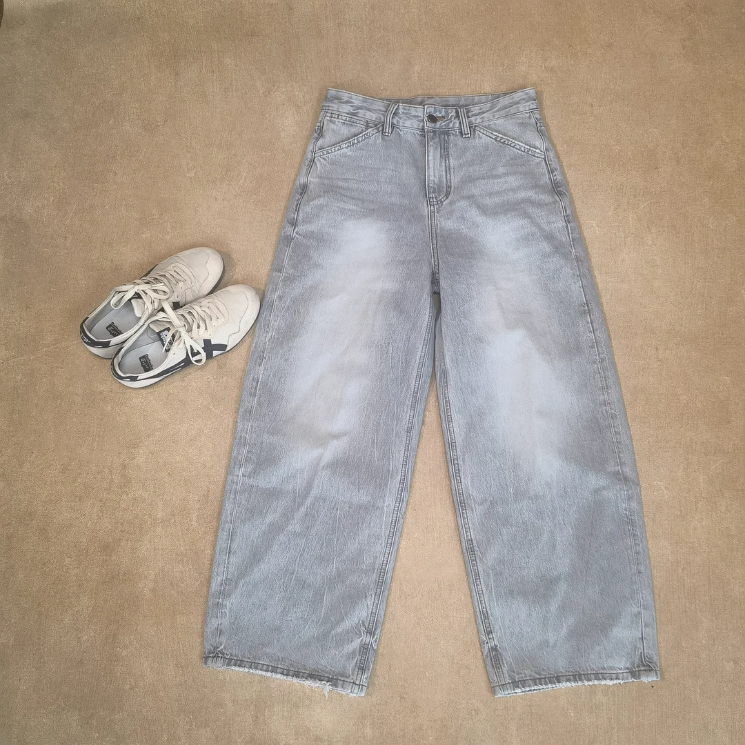 三一馆【巴黎】百搭大码弯刀牛仔裤宽松休闲裤子直筒阔腿裤蓝色