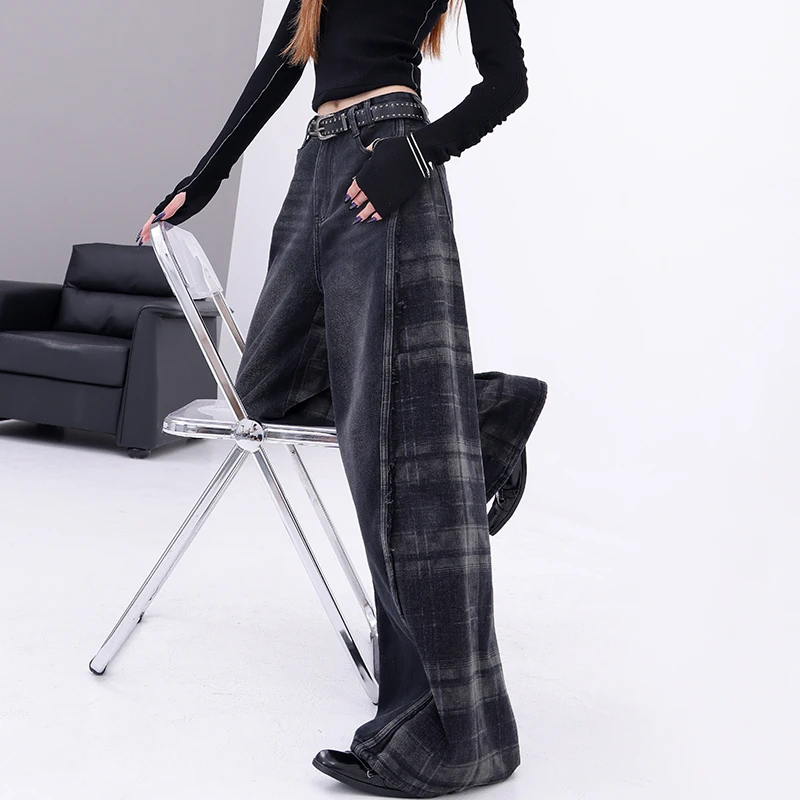 KENH美式复古格纹撞色拼接牛仔裤女夏季新款宽松垂感阔腿长裤裤子