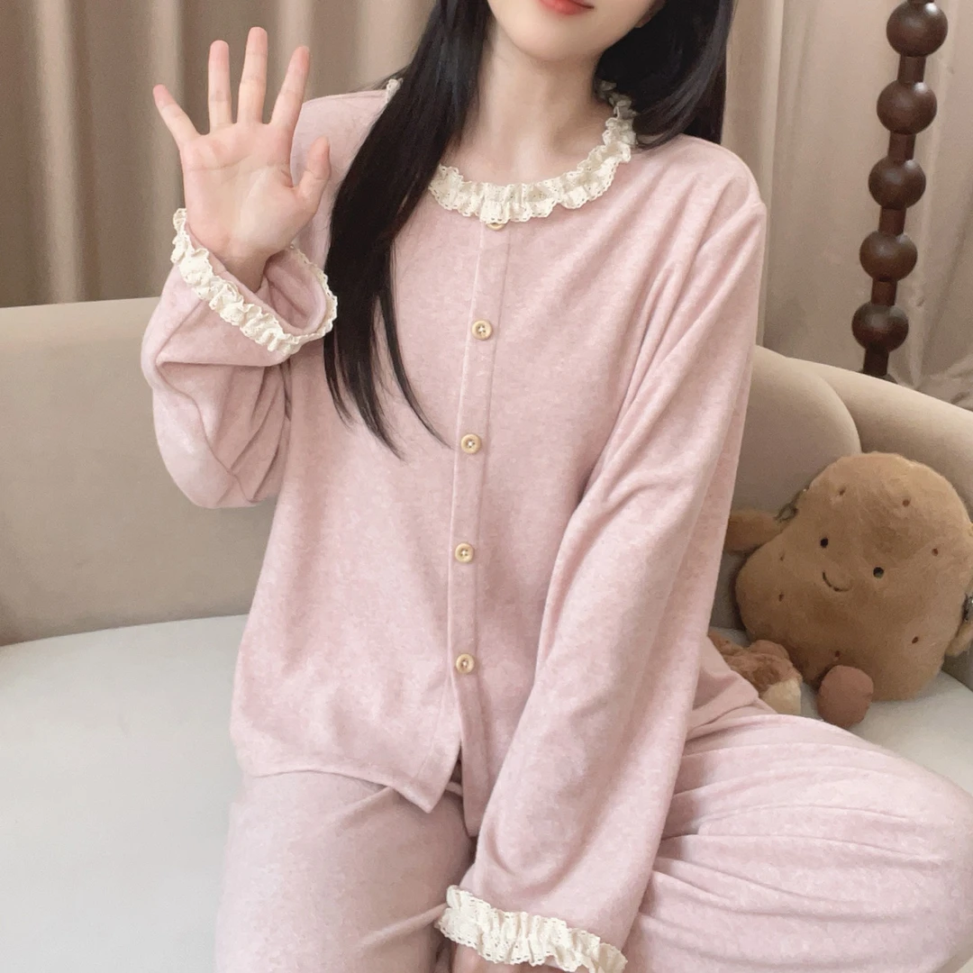 【6302粉色】高级感秋季甜美长袖拼接可外穿家居服睡衣宽松睡衣