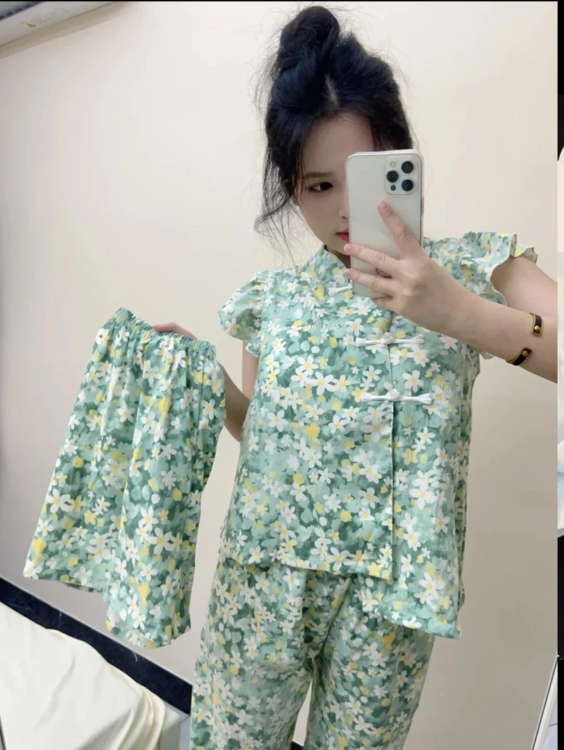 新款新中式国风夏季休闲短袖家居服套装卡通动漫碎花夏秋睡衣女款