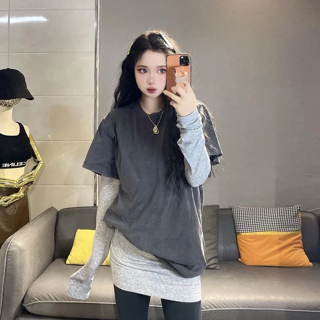 欧洲站净版打底衫t恤女中长款2025春秋新款真两件长袖套头上衣ins