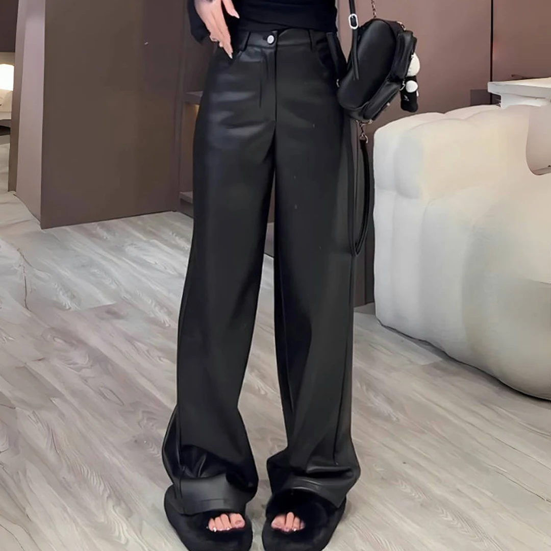 黑色复古气质修身PU皮直筒裤女2025秋冬新款时尚百搭显瘦阔腿裤子