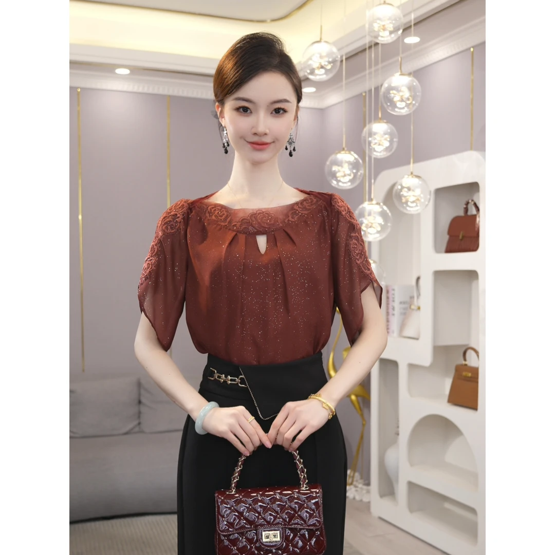 唐熹2026夏季新款【LT-1045】法式高级感小众短袖气质红色衬衫上衣