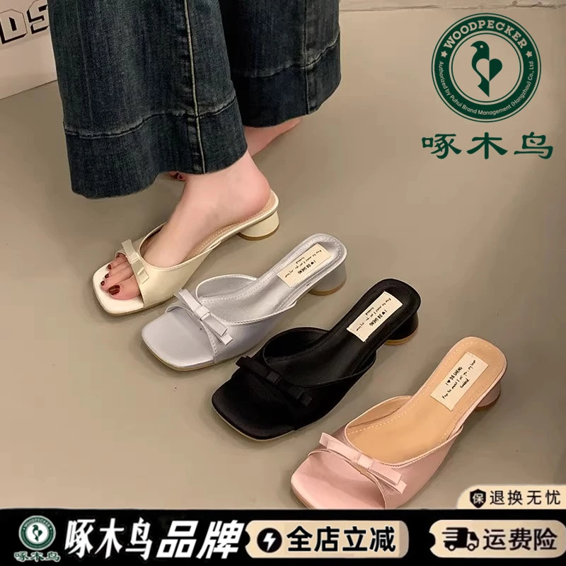 啄木鸟法式蝴蝶结方头拖鞋女2025夏季新款外穿一字拖高跟鞋配裙子