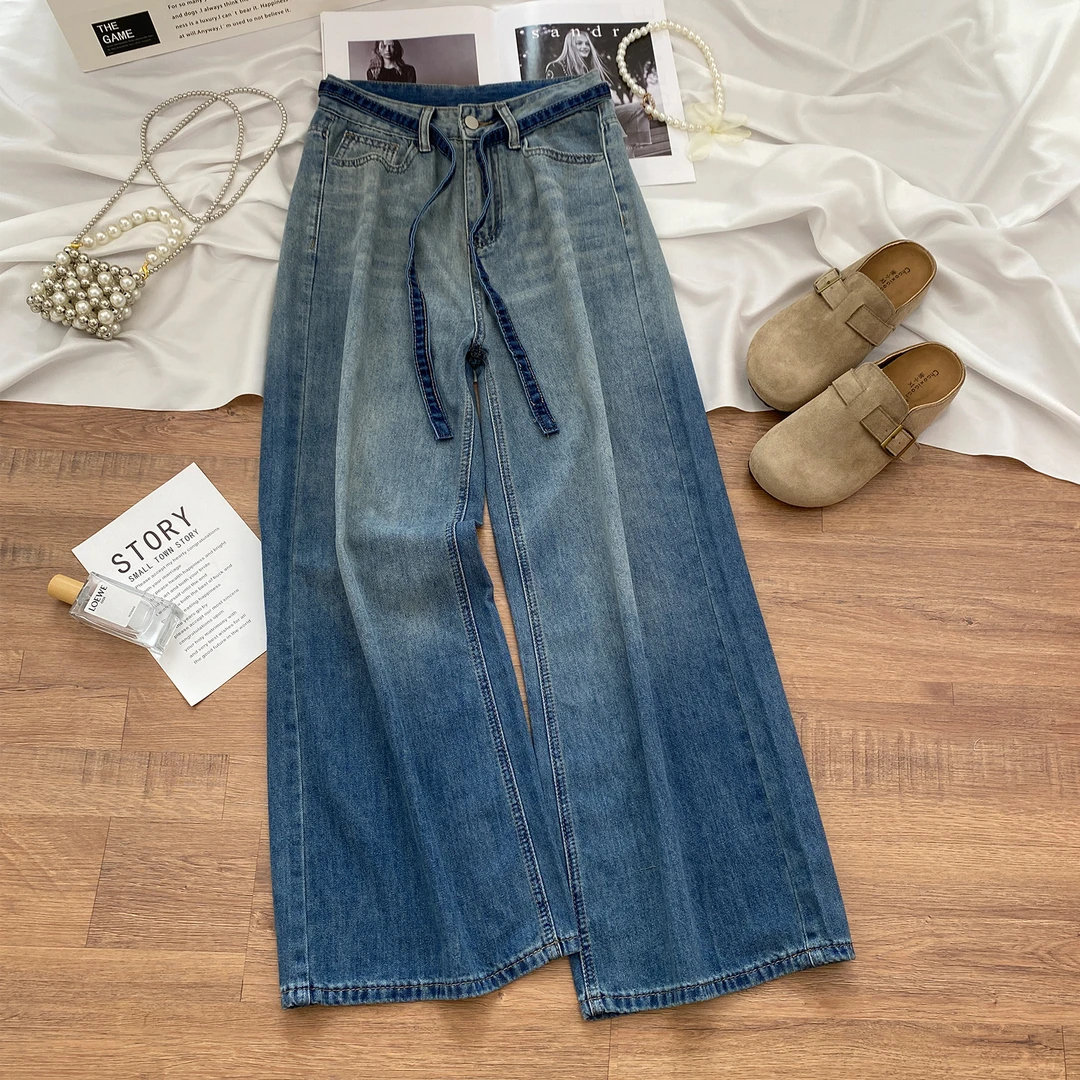 渐变蓝高腰阔腿牛仔裤女秋季薄款2025年新款显瘦宽松休闲直筒裤子