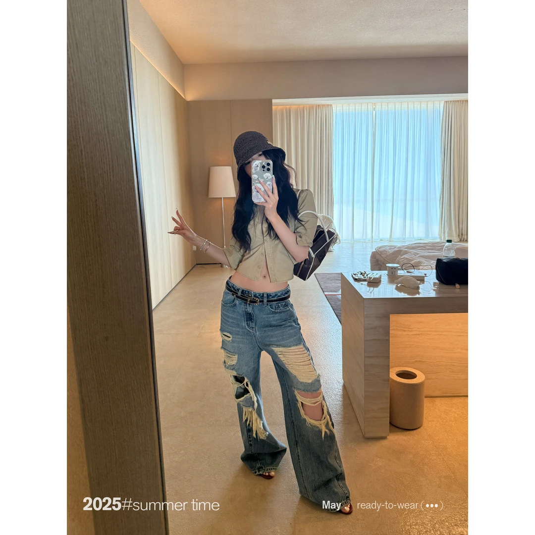 SUNONEONE 不规则破洞宽松牛仔裤女夏季美式低腰休闲裤子H1133K