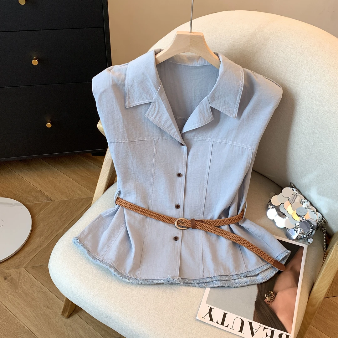 韩系POLO领无袖衬衫女夏季气质小香风衬衣设计感流苏修身显瘦上衣