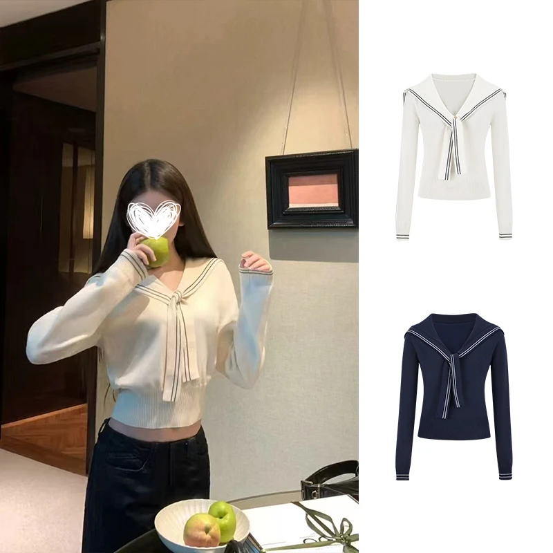 Moses Queen/魔西女王海军领长袖针织衫女秋季学院风短款显瘦上衣