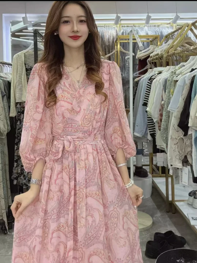 高个子定制衣长130神秘浪漫佩斯利花纹系带收腰中长款V领气质显