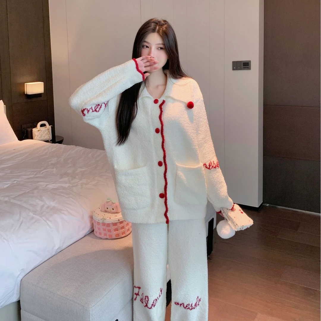 [白色球球]-秋冬潮牌软绵绵半边绒小众设计高级感居家睡衣套装