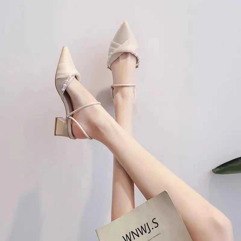 G春夏新款中高跟鞋女法式半拖仙女风两穿凉拖包头凉鞋尖头粗跟女