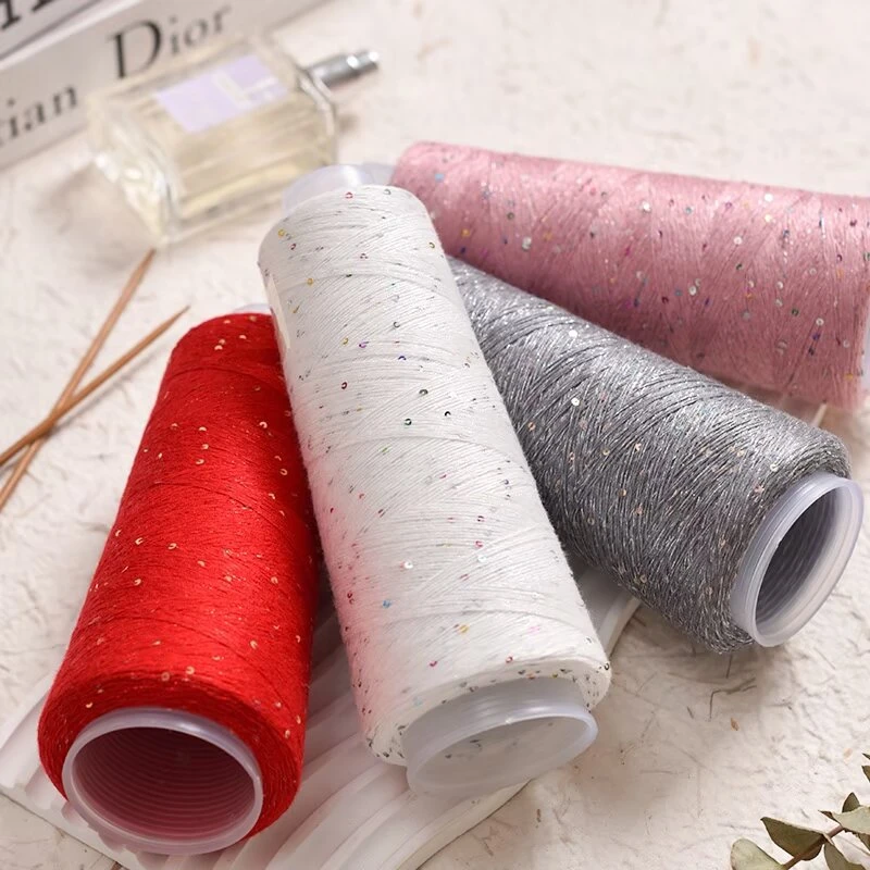 天丝棉七彩幻彩亮片毛线用于手工编织家用毛衣夏用配线材料棉线