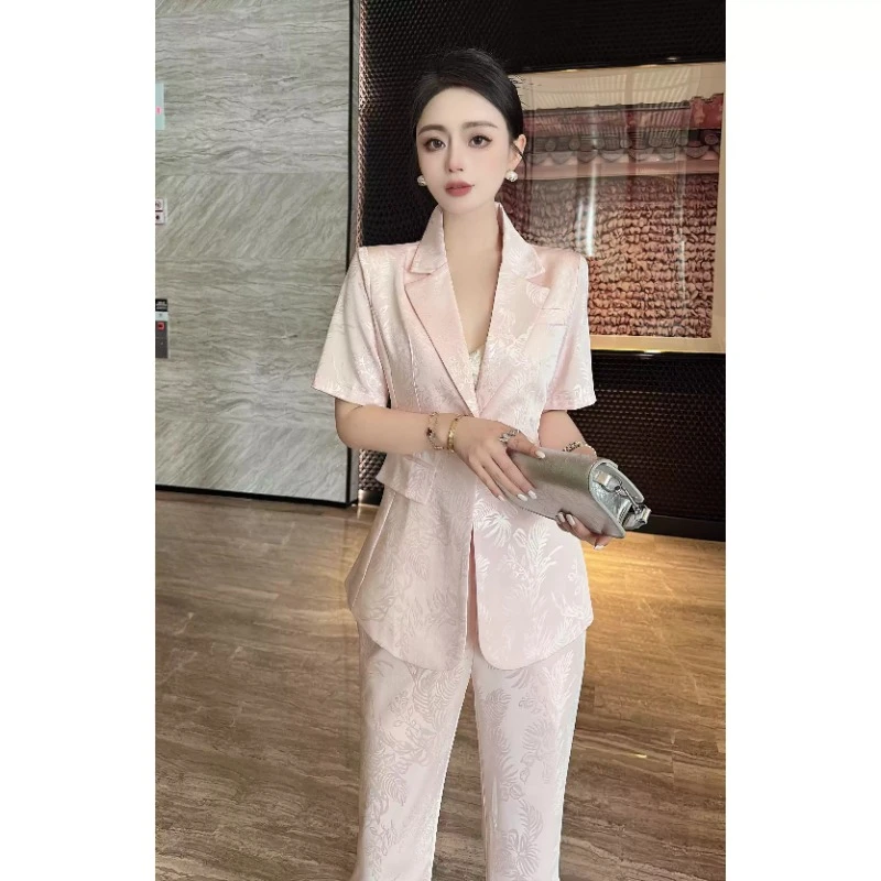 醋酸西装套装女夏季薄款气质女神范显瘦显高时尚职业西服两件套