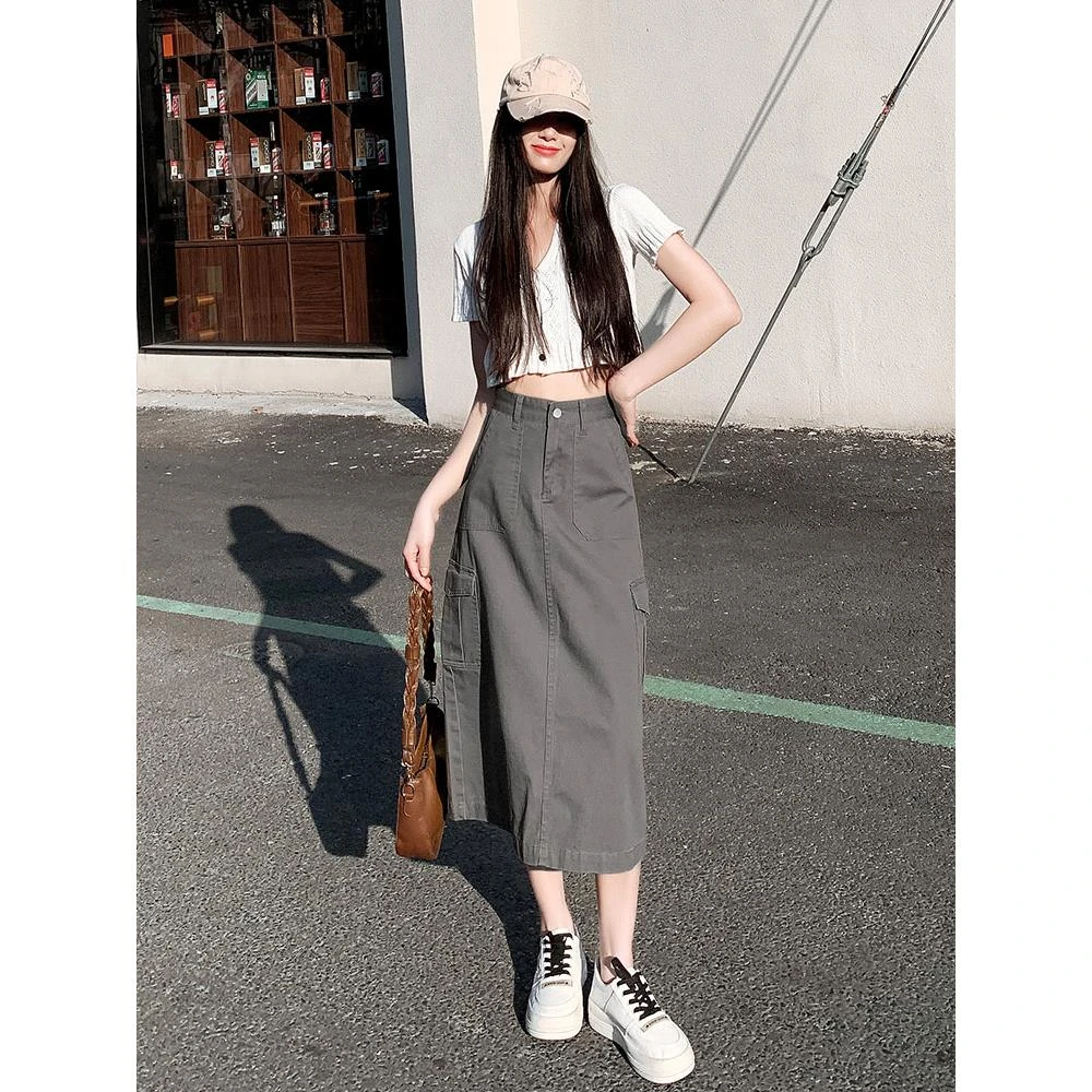 高腰工装裙女款夏季新款a字半身裙牛仔休闲长裙梨型身材遮胯显瘦