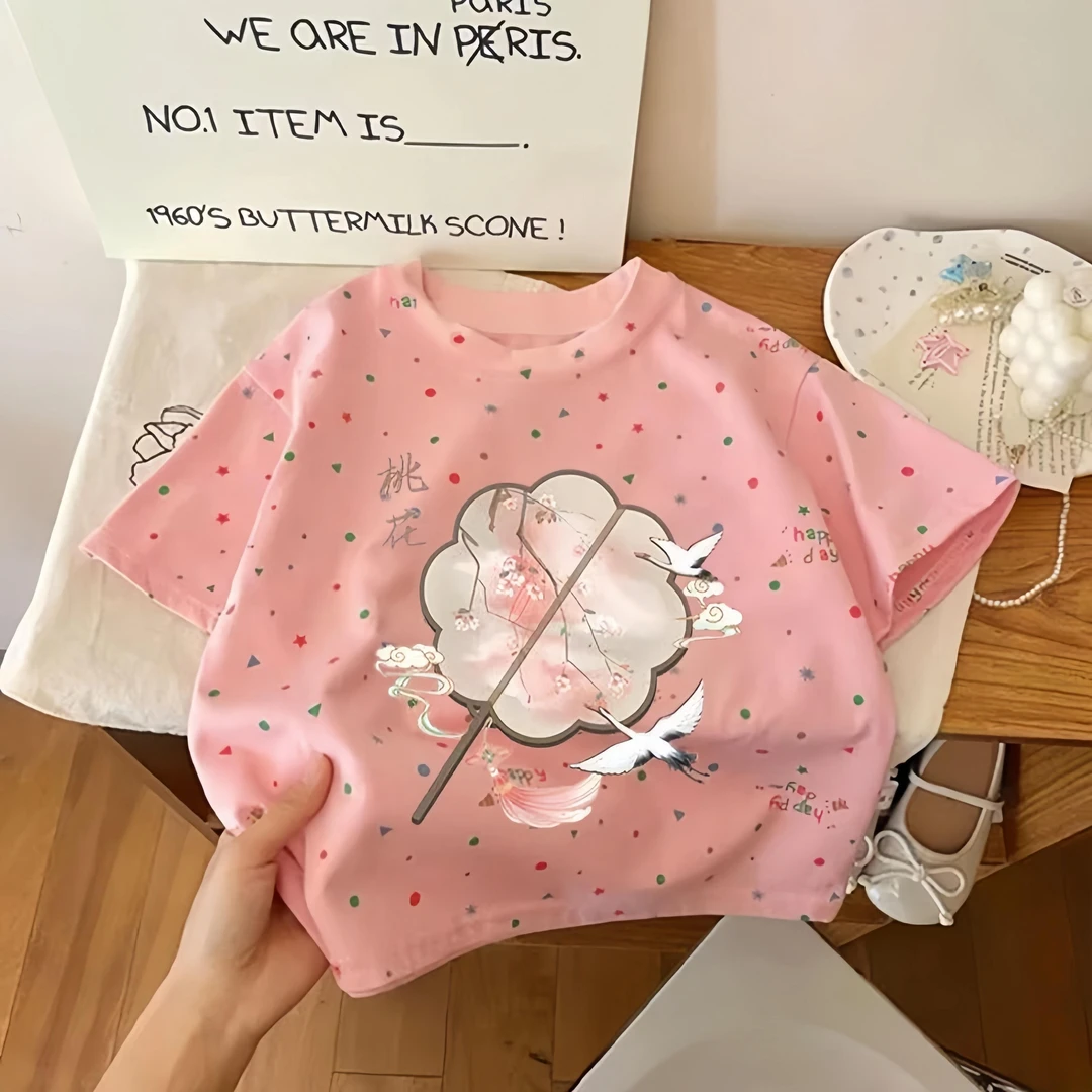 女童短袖t桖2024国风新款夏季中大童女孩洋气儿童t恤宽松上衣小童