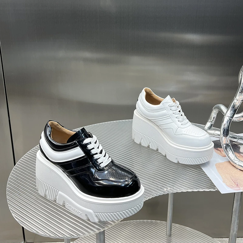 内增高小白鞋女2025春新款真皮圆头小个子显瘦厚底坡跟鞋G8111-5