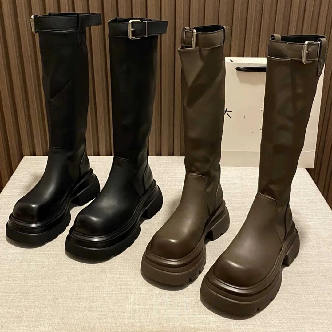 冬季新款皮带扣后拉链圆头厚底增高不过膝长靴6635(加绒）