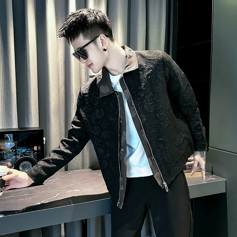 春秋季男士潮流提花假两件外套2025新款男装夹克高级感褂子上衣潮