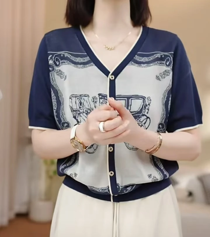 #077【涵宇】2025夏季新款女装休闲时尚气质V领小车提花套头针织衫