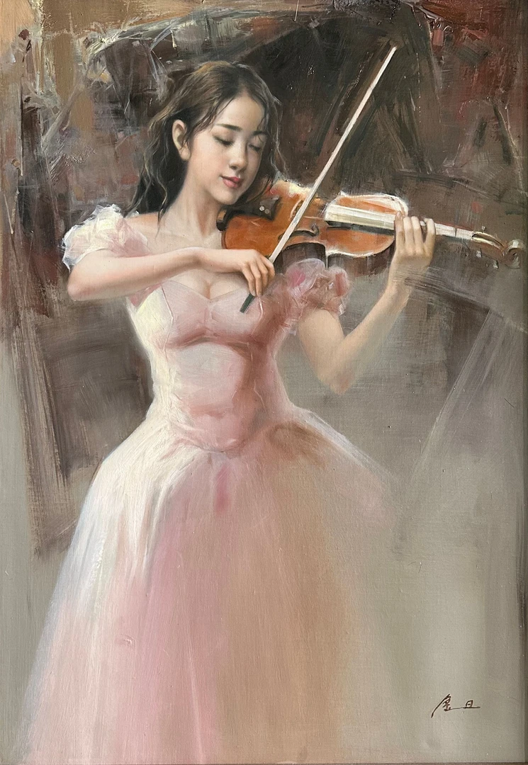 金日油画 原创人物油画收藏《琴韵少女》画布纯手绘油画 70-100cm