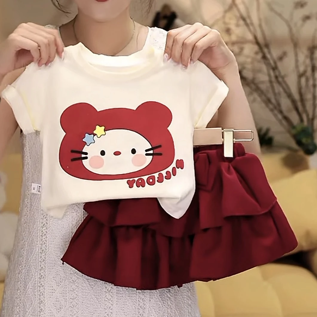 女童夏季短裙洋气女套装卡通动漫猫咪T恤印花贴布甜美上衣蛋糕裙
