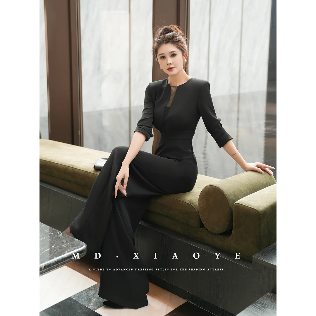 【MD原创×宠粉专享】2025春季大气修身显瘦优雅轻职黑色长袖连体裤