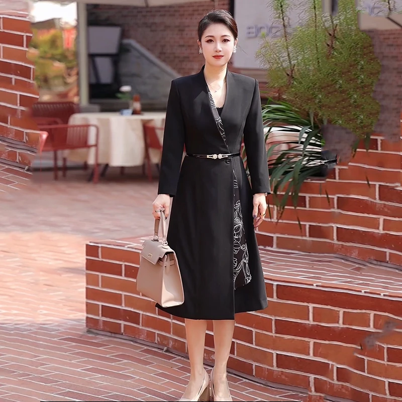 商场同款女装新款时尚印花叠片经典撞色拼接收腰连衣裙Q8023