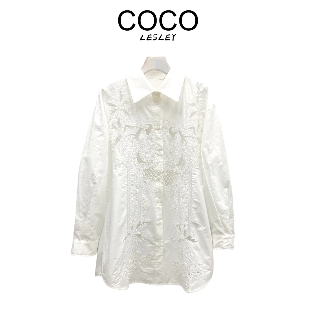 【COCO LESLEY】法式时尚重工激光绣花长袖衬衫上衣女式宽松休闲