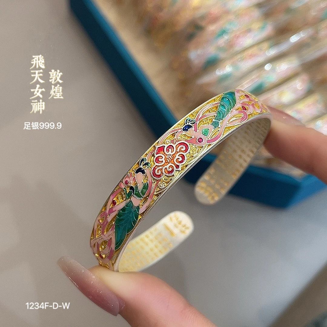 足银手镯 敦煌飞天女神足银999.9纯银手镯女珐琅彩描金开口中式