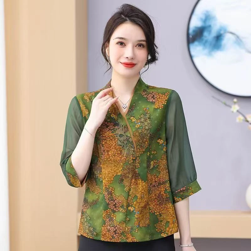 【羽墨】沐33198夏季新款五分袖重工刺绣国风T恤v领