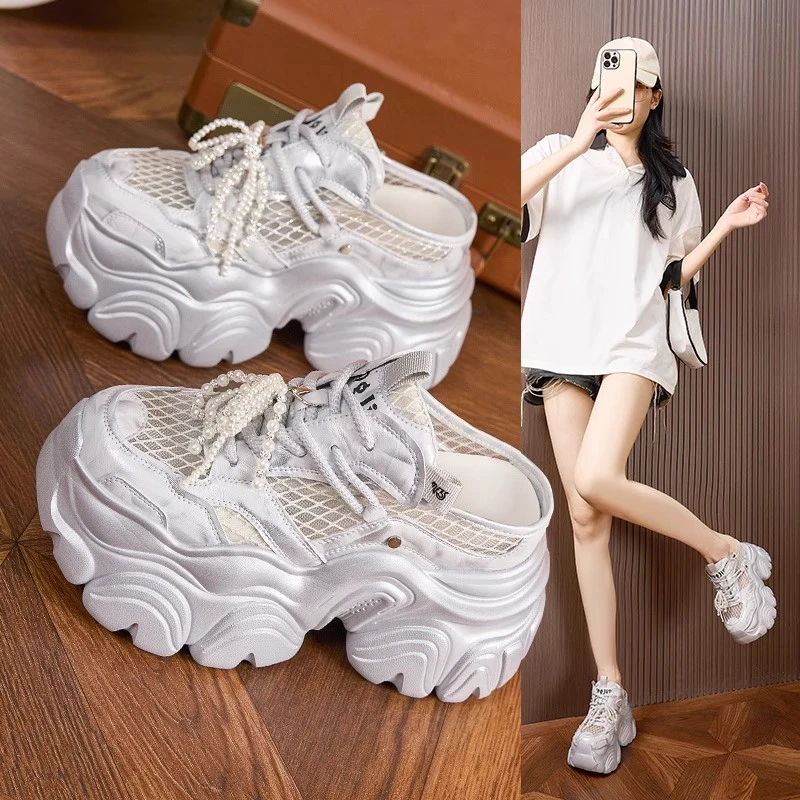 内增高包头半拖鞋女2025夏季新款外穿网面透气一脚蹬休闲懒人凉鞋