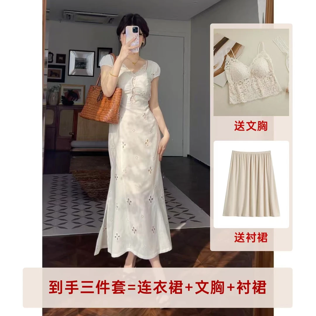 蕾英俊-白茶煮酒-新款设计感气质显瘦镂空绣花连衣裙-JF4468