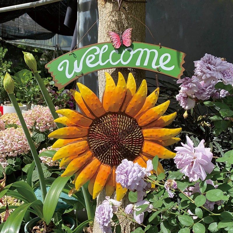 欧式田园风格向日葵太阳花阳台户外花园墙挂件铁艺WELCOME欢迎牌