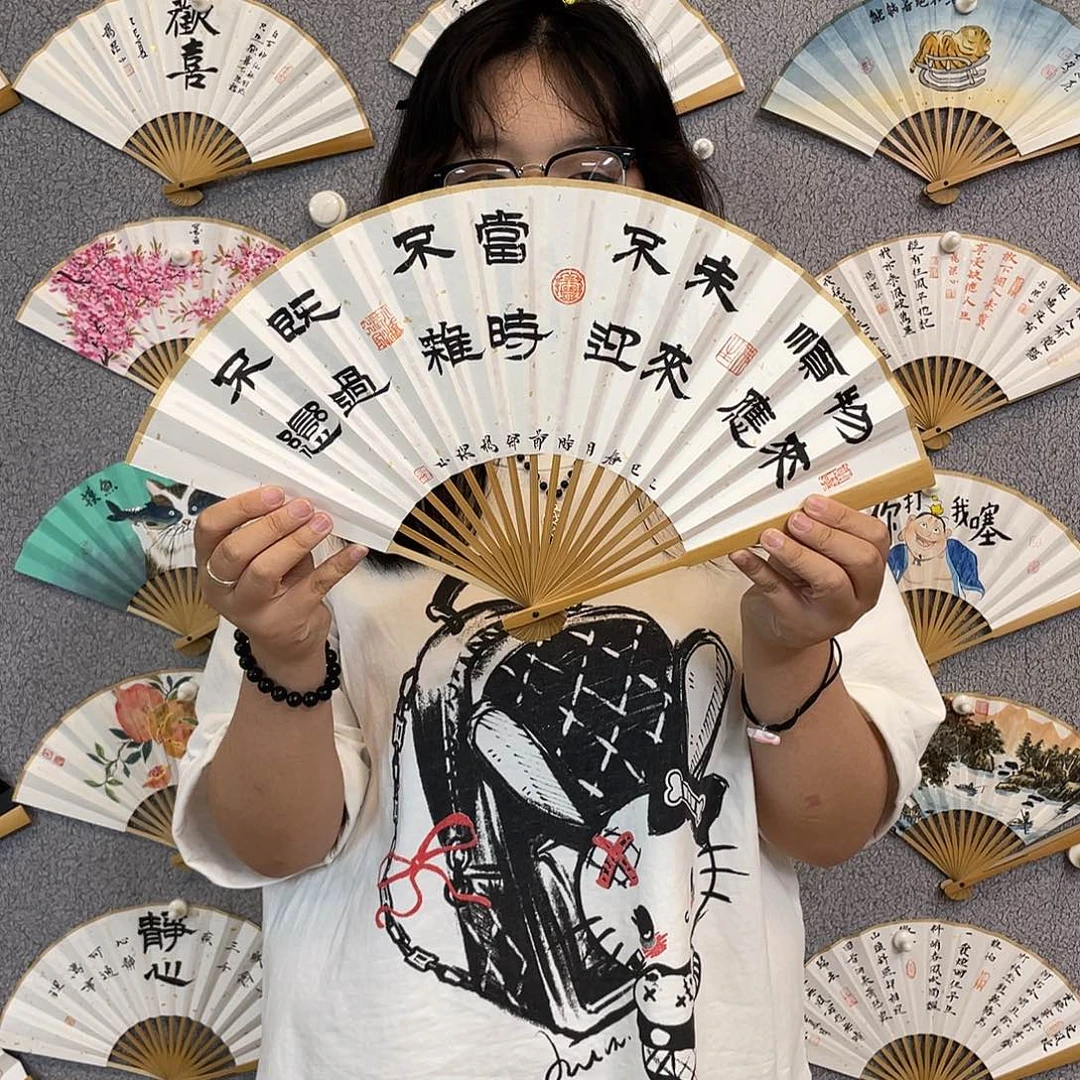 国画8寸玉竹-纯手绘-文玩扇骨（默认粘好）