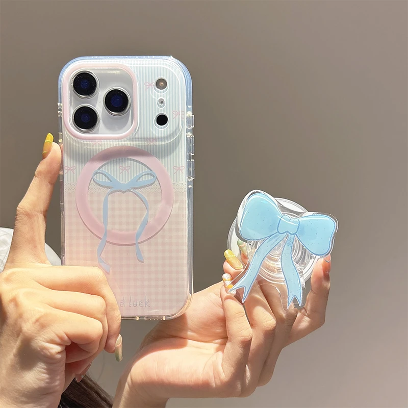 韩系蓝粉格纹蝴蝶结适用苹果17pro手机壳iPhone16promax磁吸壳15p