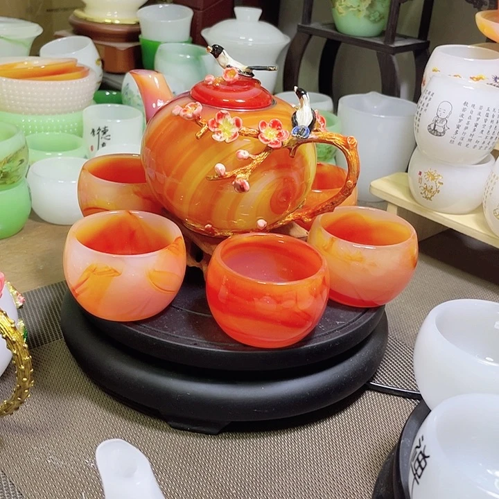 琉璃中式珐琅彩喜上加喜一壶六杯礼盒套装
