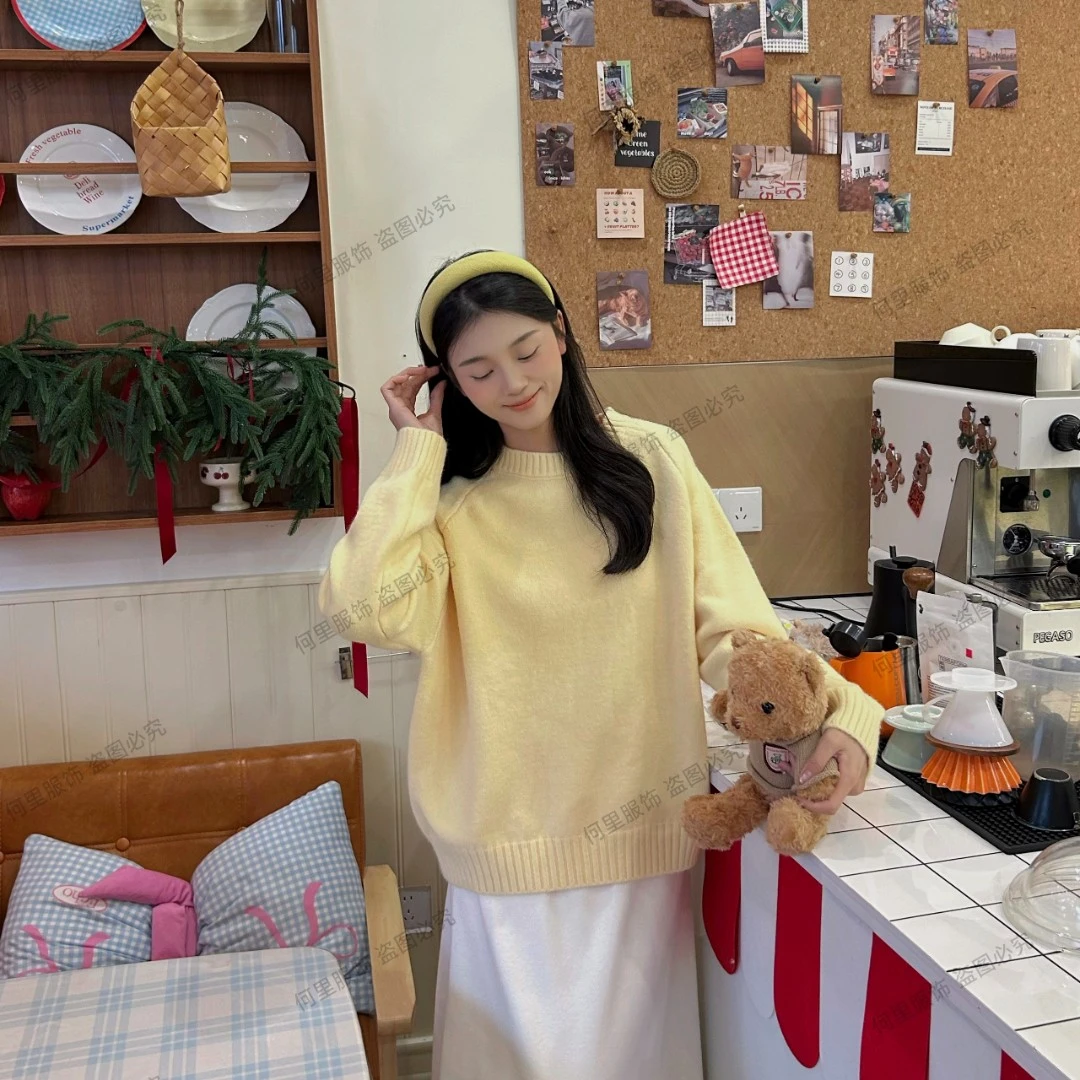 糖果色奶fufu毛衣女秋冬韩系别致加厚圆领上衣宽松慵懒百搭针织衫