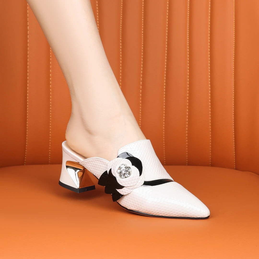 39-40新款夏季舒适透气时尚真皮包头拖鞋气质尖头百搭包中跟L888