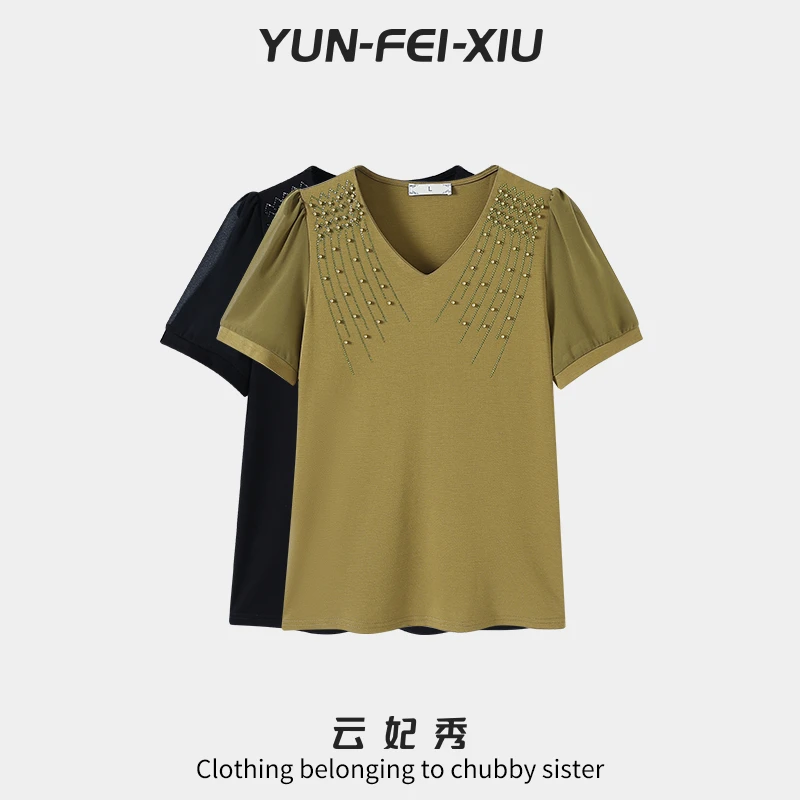 云妃秀大码女装T恤时尚休闲胖妹妹气质减龄宽松烫钻百搭夏季66218