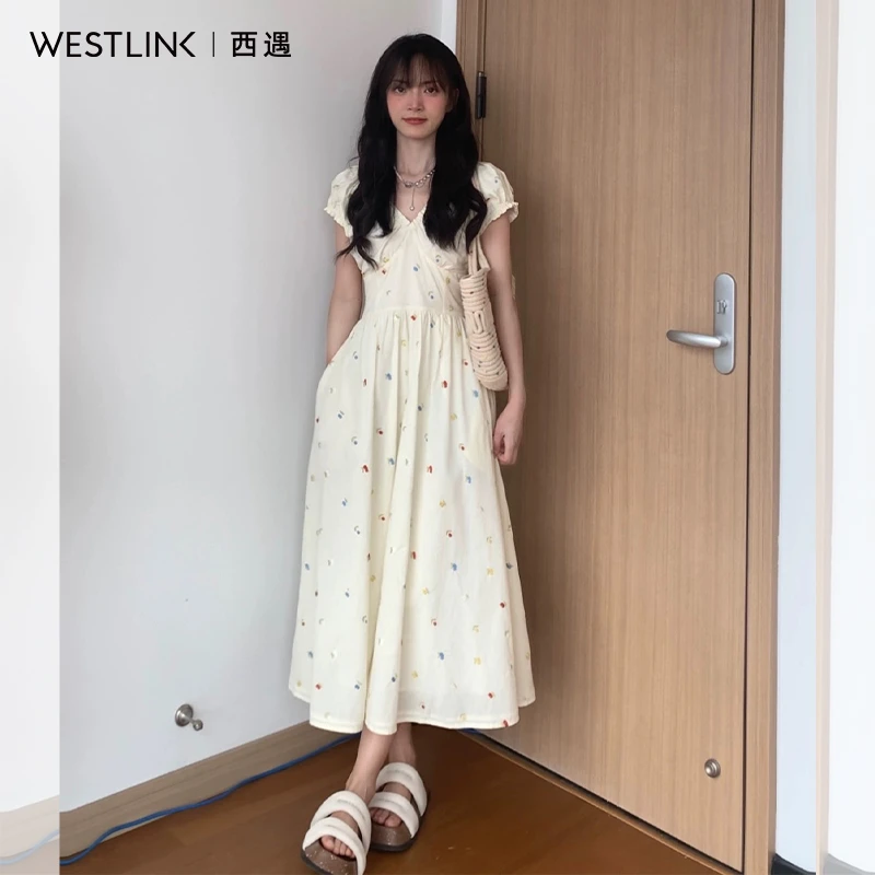 0922西遇彩色波点连衣裙女2025年夏季新款v领a字收腰短袖裙子