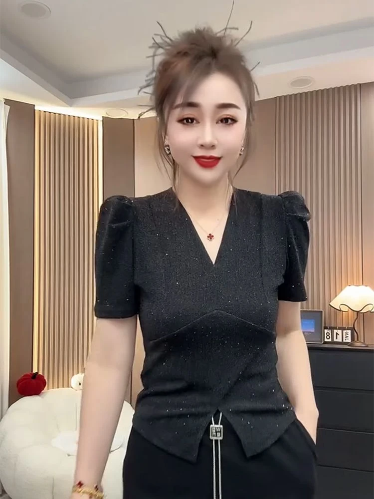 女性V领常规短袖黑灰修身短袖T恤网红气质轻奢夏季百搭