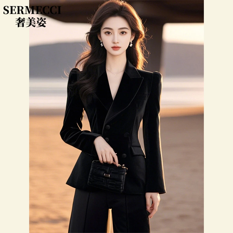 春季穿搭一整套轻奢高级感干练气质气场强大黑色丝绒外套套装裤子