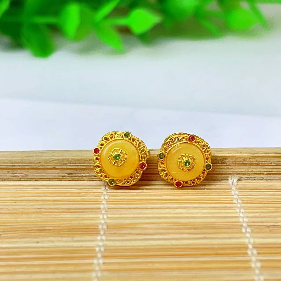 【萌宝饰品】B46蜜蜡白花蜜方形蛋面带红绿宝通孔9mmDIY多样性发一