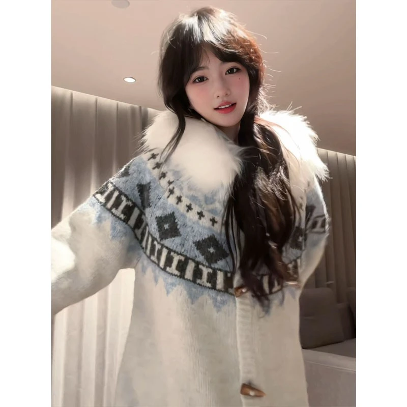 梦动费尔岛提花针织开衫毛领外套男秋冬慵懒风复古韩系牛角扣连帽