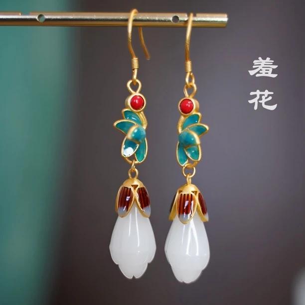 铜合金珐琅耳饰 新中式s925银针国风珐琅滴釉玉兰花耳饰长款古法