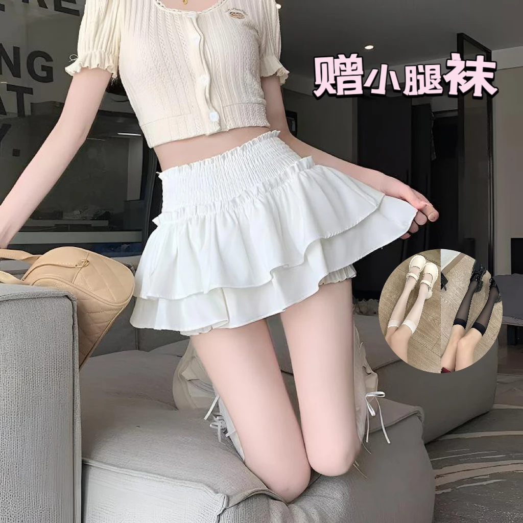 【蜜桃】显瘦花苞蛋糕百搭裙女夏季高腰白色蓬蓬裙防走光裙裤A字